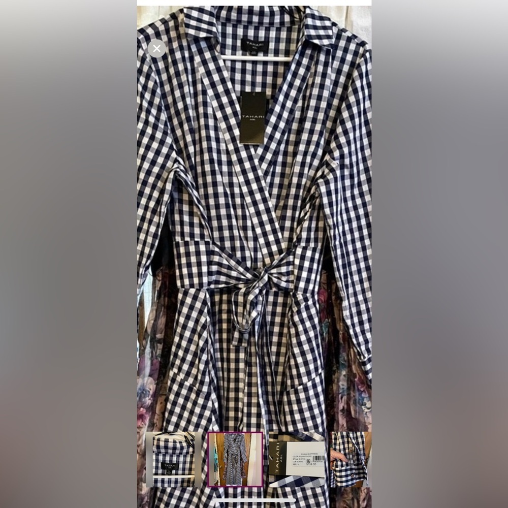 NWT Tahari Navy & White Gingham Long Sleeve Shirt Dress - Picture 11 of 15